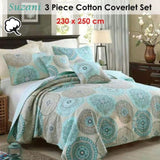 100% Cotton Lightly Quilted Coverlet Set Suzani Queen V442-STT-COVERLET-SUZANI-TURQUOISE-QS