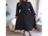Women'S Long Sleeve Pleated Dress Casual Semi Formal Church Dress Mock Neck A Line Flowy Midi V1370-AZ4-10436