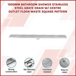 1000mm Bathroom Shower Stainless Steel Grate Drain w/Centre outlet Floor Waste Square Pattern V63-832821