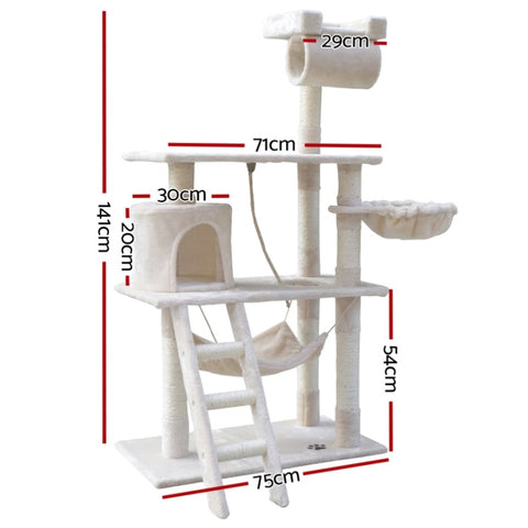 i.Pet Cat Tree 141cm Tower Scratching Post Scratcher Condo Wood House Bed Beige PET-CAT-PCT63-BE