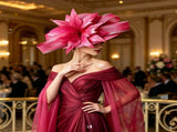 Rose Red Oversized Sinamay Statement Fascinator - Large Leaf & Rhinestone Trim Derby Hat for V888-ELOSUNG56743