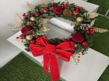 2pk Xmas Wreath Gold Leaf Red Bow, 50cm Diameter V1221-XM-LB090-009