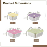 4 Pcs Colorful Stainless Steel Food Storage Containers Set with Lids, 400ml to 1400ml Square Meal V1188-MS-924-009