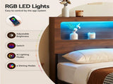 Artiss King Bed Frame Metal with Charging Station LED Light Storage Shelf MBED-D-ROCK-K-WD-AB