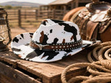 White Cow Print Western Cowboy Hat - Retro Cattle Head Studded Band, 57cm Head Fit, Wide Brim V888-ELOSUNG57120-1