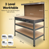 3-Layered Work Bench Garage Storage Table Tool Shop Shelf Silver TBL-3LY-WH-SL