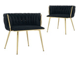 Set of 2 Velvet Upholstered Woven Dining Chairs with Golden Metal Legs, Black V1127-AU-DC01-BLK
