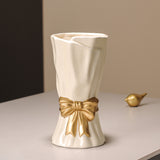 Beige Elegant Ceramic Vase with Golden Bow Accent - Textured Relief Flower Holder for Living Room & V888-ELOSUNG27750