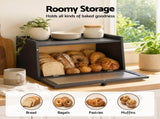 Artiss Bamboo Bread Box Kitchen Countertop Storage Clear Window Shelf 40cm Black BBX-1T-WIN-BK