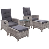 Gardeon 5PC Recliner Chairs Table Sun lounge Wicker Outdoor Furniture Adjustable Grey ODF-RECLINER-CHOTTB-5GE