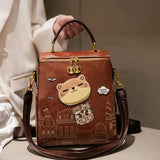 Kawaii Backpack, Vintage College Style, Cat Castle Print, Large Capacity, Adjustable Strappink) V1232-YHSJB-PU-001