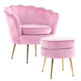 Armchair Lounge Chair Accent Velvet Shell Scallop Round Ottoman Footstool PINK V274-FT-VAC-ST-1596-PK