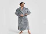 Men's Flannel Bathrobe Grey L Size - Soft Coral Fleece Hooded Kimono Collar Dressing Gown Loose Fit V888-ELOSUNG54488