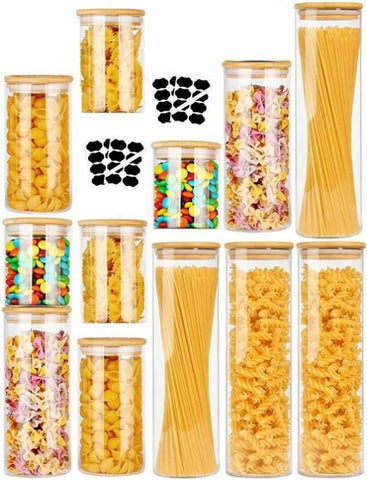 CARLA HOME 12 Pack Glass Storage Jars with Bamboo Lids for Kitchen Pantry, Pasta, Snacks, Cookies, LSB-36241