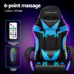 Artiss 6 Point Massage Gaming Office Chair 7 LED Footrest Cyan Blue MOC-GC-6P-LED-BK-CY