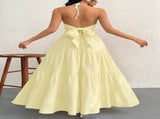 Apricot L Size Women's Elegant Halter Maxi Dress Summer Backless V-Neck Sleeveless Long Beach Resort V888-ELOSUNG41124