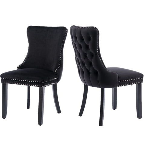 2x Velvet Upholstered Dining Chairs Tufted Wingback Side Chair with Studs Trim Solid Wood Legs for V226-SW8809BK
