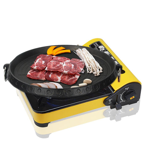 Portable Butane Stove Gas Burner Yellow with Korean BBQ Stone Grill Plate Round GASBURNERYELLOWWITHSTONEROUND