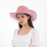 Pink Cowgirl Hat with Rhinestones and Fringe for Party Decorations V1369-AZ3-W-19212