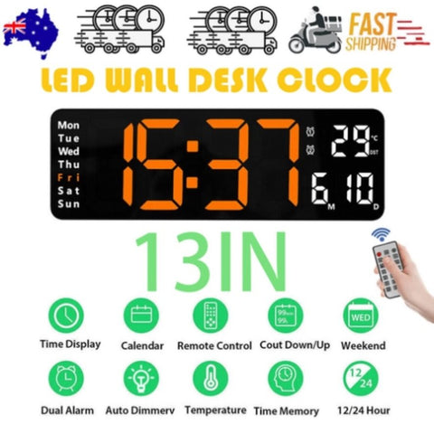 13" Orange Large Digital Big Jumbo LED Wall Desk Clock Display With Temperature Calendar V201-FAZ0013OR8AU