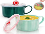 2 Packs Ceramic Soup Bowls with Handles, 32 OZ Microwave Safe Mug Vented Lid, Leak-proof French V1259-DP01-A-890