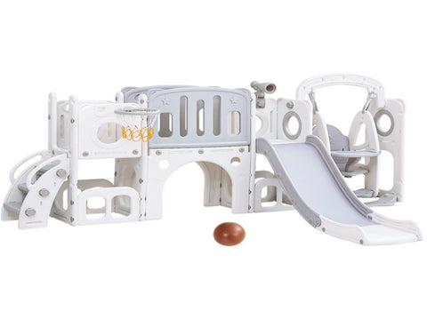 Keezi Kids Slide Swing Set Basketball Hoop Ring Football Outdoor Toys 132cm grey KPS-SLIDE-1125-4IN1-GR