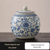 Ru Kiln tea jar, blue-and-white ceramic canister, airtight tea storage, floral tea container, V1102-122-23629-CYN-1