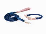 Navy Blue Hand-Woven Rainbow Cotton Rope Dog Leash and Collar Set - Adjustable Veg-Tanned Leather V888-ELOSUNG18445