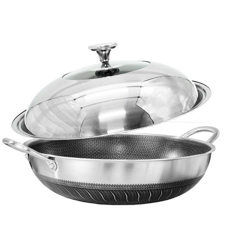 304 Stainless Steel 34cm Non-Stick Stir Fry Cooking Ear Kitchen Wok Pan with Lid Honeycomb V255-34CM-EAR-LID