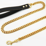 Premium Cuban Link Dog Leash with Genuine Leather Handle Heavy-Duty Stainless Steel Pet Walking V1341-ZY-V4WZ94XP-GOLD-120CM472IN