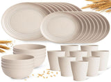 Camping Plates Cups and Bowls Set Green Reusable Microwave Safe Lightweight Unbreakable Plastic V1107-122-29070-BEG-32PCS