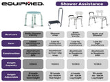 EQUIPMED Shower Chair Bath Seat 120kg Capacity, with Arms, Adjustable Height, for Elderly, White V219-HELSBSEQSC6A
