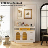 Buffet Sideboard Cabinet With RGB LED Light and Charging Station Console Coffee Bar White V563-QH-9217-25