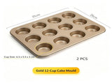 Non-Stick Muffin Baking Pan, Household Oven Cake Bread Mould, Gold 12-Cup Baking Tray, Set Of 2, V1221-XM-LB2849-GM116