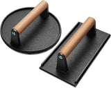 Heavy Duty Cast Iron Smash Burger Press Set with Ergonomic Wooden Handle and Ribbed Base for BBQ V1189-LC-HW-00557