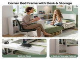 Artiss White Single Solid Wood Corner Platform Bed Frame with Built-in Desk, Storage Shelves and WBED-F-DESK-S-WH-AB