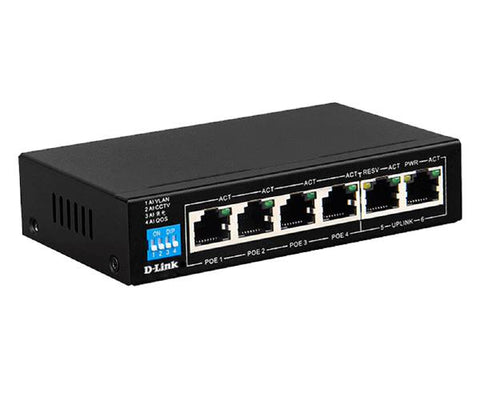 D-Link 6-Port Unmanaged PoE Switch with 4 PoE RJ45 and 2 Uplink RJ45 Ports 16DES-F1006P-E