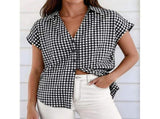 Womens Short Sleeve Shirts Plaid Button Down Blouse Casual Summer Business Gingham Work Tops Light V1366-AZ2-W-14408