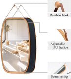 CARLA HOME Hanging Wall Mirror 74x43cm - Solid Bamboo Frame and Adjustable Leather Strap for LSB-36016