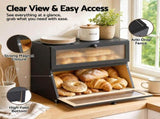 Artiss Bamboo Bread Box 2-Tier Kitchen Countertop Storage 40cm Black BBX-2T-WIN-BK
