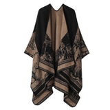 Versatile Layering Faux Cashmere Wrap, Subtle Forest Deer Print, Warm Black Camel V1221-XM-LB2134-ZS57