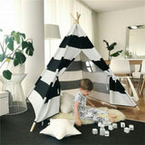 Kids Teepee Tent Linen Wood Black White Stripe Playhouse Indoor Garden V178-66795