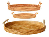 Hand Woven Round Rattan Serving Tray Bread Fruit Dessert Snack Basket with Handles 3 Piece Set V1294-YM0703-3118230027214