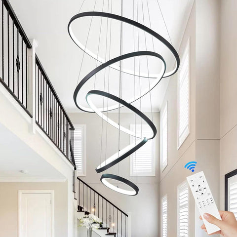 BAMDECOR A18801 Modern LED Chandelier, Dimmable Pendant Light with Remote Control Rings Round V255-BAM-18801/5-BLK