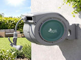 Green Fingers 30m Retractable Water Hose Reel, Wall Mounted Garden Hose 9-Pattern Nozzle HR-WA-AUTO-QU-30M