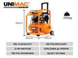 Unimac 16L Silent Oil-Free Electric Air Compressor, 116PSI Portable with Wheels and Handle, Twin V219-TOLACMUM1C6VA