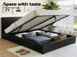 Artiss Gas Lift Queen Bed Frame and 2 Bedside Table Set Leather Black BFRAME-SET-NINO-BSIDEX2-BK