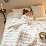 White Luxury Toscana Fleece Rabbit Fur Bubble Blanket, Double-Sided Plush King Size Bedding Set V1102-DSZ-BLK-0018