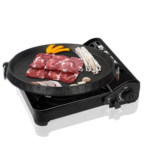 Portable Butane Stove Gas Burner Black with Korean BBQ Stone Grill Plate Round GASBURNERBLACKWITHSTONEROUND