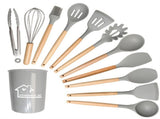 Light Grey And Brown 12-Piece Silicone Kitchen Utensil Set - Non-Stick Food-Grade Silicone Cooking V888-ELOSUNG23152